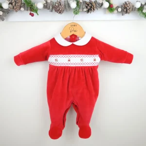 Pex Teddy Smocked Christmas Sleepsuit Red