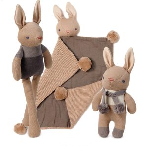 ThreadBear Organic Baby Comforter, Rattle & Doll Set - Taupe Gift Box